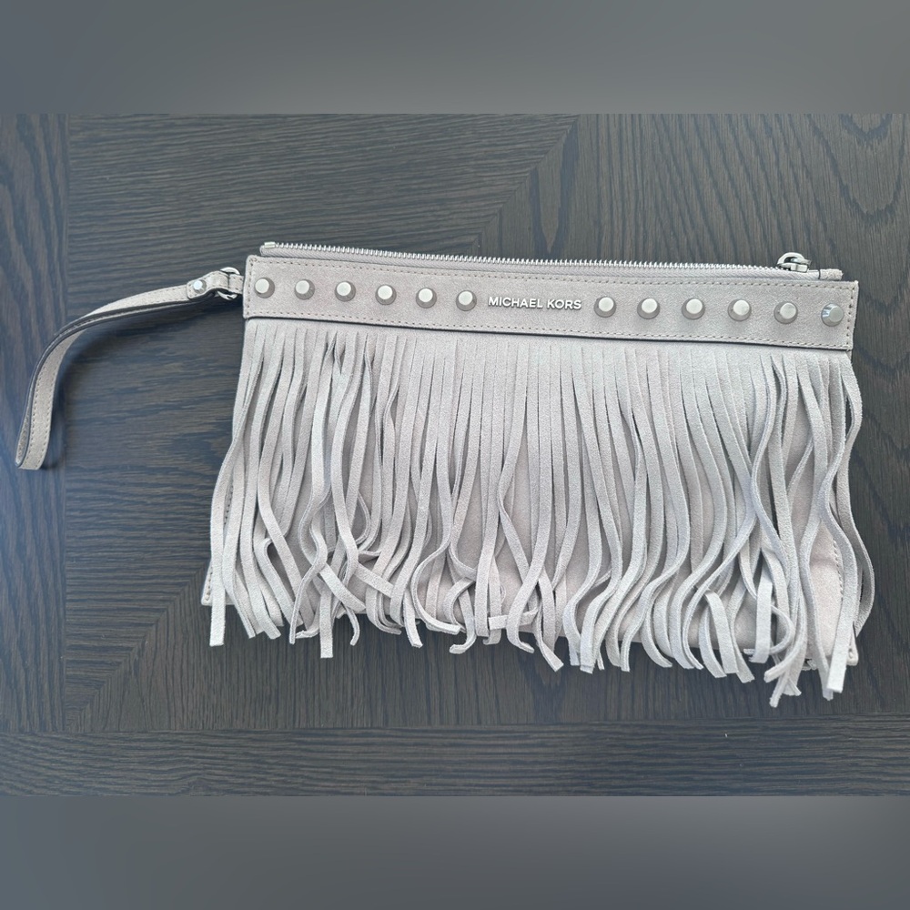 MK gray suede fringe clutch